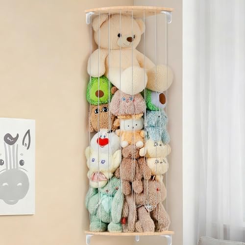 SUNMON Kuscheltier Aufbewahrung Wandregal, Ecke Stofftier Aufbewahrung Organizer Wandmontiert 1,8 Meter Stauraum Plüschtier Aufbewahrung Netz Platzsparend Wandregal Holz für Kinderzimmer Spielzimmer