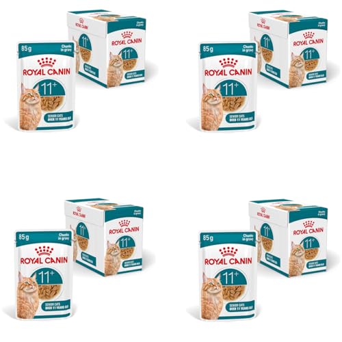 ROYAL CANIN AGEING 11+ Gravy | 4er Pack | 4 x 12 x 85 g | Nassfutter für Senior Katzen ab dem 11. Lebensjahr | Formel mit dem HealthyAge7™ Complex | Stückchen in Soße