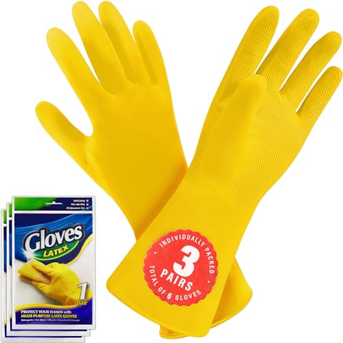 SteadMax 3 Paare Kleine Reinigungshandschuhe, Wiederverwendbare Naturlatex Gummihandschuhe, Wasserdichte Rutschfeste Spülhandschuhe für Küche und Haushalt (XL, 3 Paare)