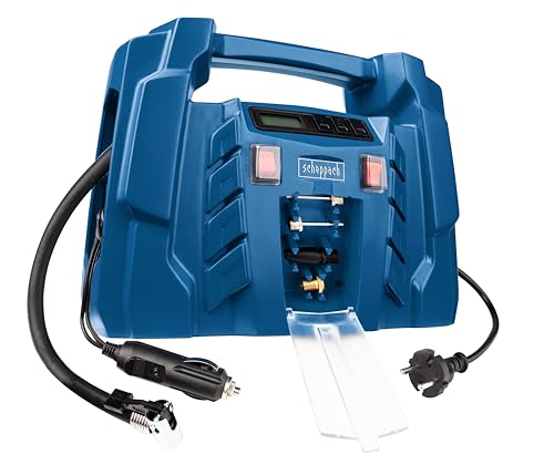 Scheppach Kompressor Airforce 5 mit digitaler Anzeige | 12V / 230V Anschluss für KFZ/Auto | tragbarer Kofferkompressor | 8bar Arbeitsdruck | 150W | Ansaugleistung 36,5 l/min | inkl. Zubehör