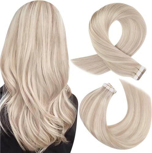 Moresoo Tape Extensions Echthaar 20Stück Aschblond mit Platinblond Invisible Tape Extensions Haar Für Partys, Hochzeiten, Veranstaltungen 12 Inch 30cm 30g Glattes