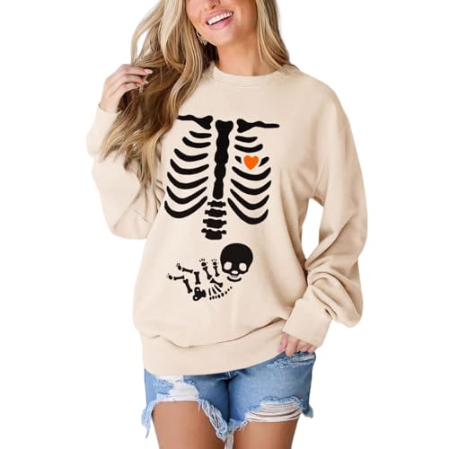 AG AGUU Damen Röntgen-Skelett-Sweatshirt, Halloween, Umstands-Sweatshirt, Rundhalsausschnitt, Pullover, Schwangerschaftsankündigung, Shirts, Tops, Beige, XL