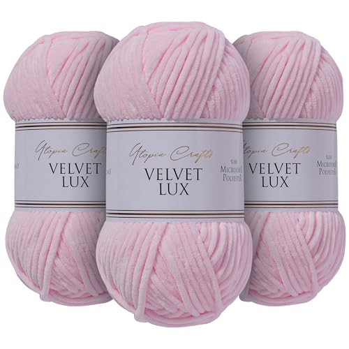 Utopia Crafts Velvet Lux Chenille, superweiches grobes Garn zum Stricken und Häkelgarn, 3 x 100 g (Pink Swan)