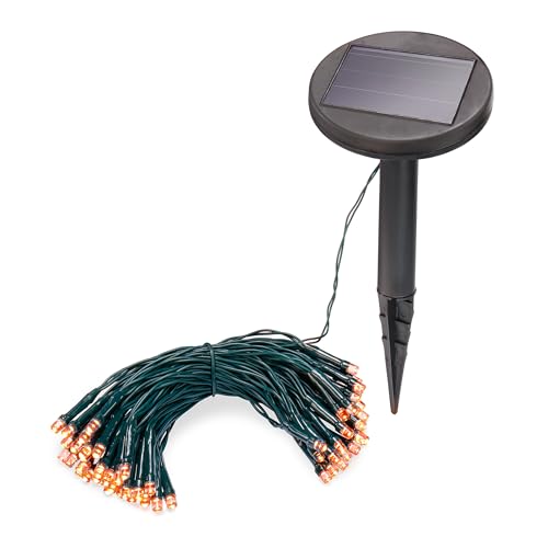 Esotec Solar Lichterkette mit 60 bernsteinfarbenen LEDs, 6m LED Kette, Zuleitung 2m, Dauer- oder Blinklicht, Akku, Solarmodul, Erdspieß, Weihnachtsbeleuchtung, winterfest, außen, 102172