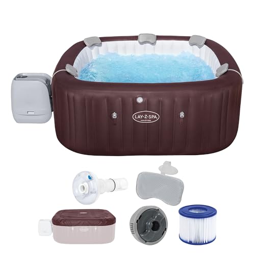 Bestway LAY-Z-SPA Energiespar-Whirlpool Maldives HydroJet Pro, 201 x 201 x 80 cm, 7 Personen, Heizung, Frostwächter, 8 HydroJet-Düsen, 180 AirJet-Düsen, App-Steuerung, Thermo-Abdeckung, Mahagoni, LEDs