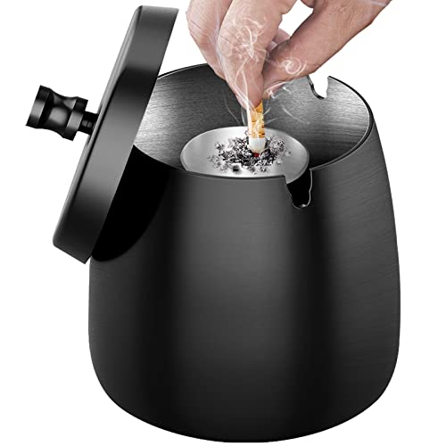 Aschenbecher für Draussen (10 * 9 * 10cm) - Aschenbecher mit Deckel, Groß Aschenbecher Outdoor, Windaschenbecher Edelstahl, Sturmaschenbecher mit Boden, Standaschenbecher für Draußen - Schwarz