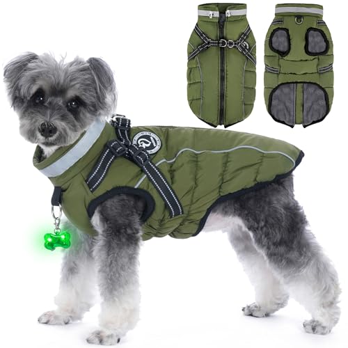 HezzLuv Hundemantel Winter, Hundemantel Wasserdicht, Warme Hundejacke mit Geschirr, Reflektierende Streifen, LED-Leuchtkragen, Winterjacken & Wintermäntel für Kleine, Mittelgroße Hunde