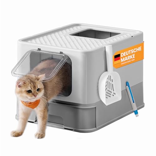 Feandrea Katzenklo, Katzentoilette, mit Deckel, ausziehbares Tablett, Schaufel, Bürste, für Katzen bis 15 kg, weniger Spuren, auslaufsicherer Boden, hellgrau-Taubengrau PPT001GD03
