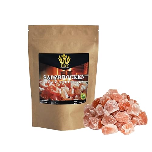 HAF® Rosa Salzbrocken 1 kg | Grobe Steinsalz Brocken ohne Zusätze und naturbelassen aus der Salt Range in Pakistan | Salzsteine | Solebrocken | Größe: 2-5 cm | Menge: 1 x 1 kg im Beutel