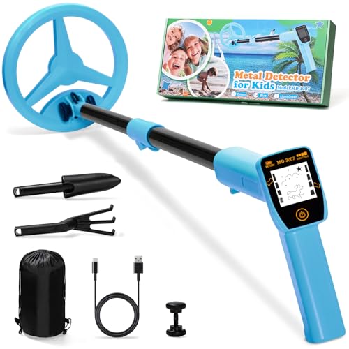 Metalldetektor Kinder, Smofrees Über USB Wiederaufladbarer Kleiner Kinder Metalldetektor, Verstellbarer 60-86cm Tragbarer Metalldetektor mit lustigem LCD-Display für die Erkundung im Freien, Blau