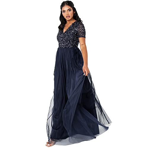 Maya Deluxe Damen Ballkleid Abendkleid V-ausschnitt Maxi Länge Pailletten Kurze Ärmel Für Hochzeit Geburtstag Brautjungfer Bridesmaid Dress, Navy, 48 EU