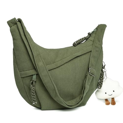 Micmores Crossbody Bag Damen Umhängetasche, Cord Tasche Casual Schultertasche Moon Bag Halbmond Tasche mit verstellbarer Schultergurt, Stylische Handtasche für Arbeit, Reisen, Alltag(Grün)