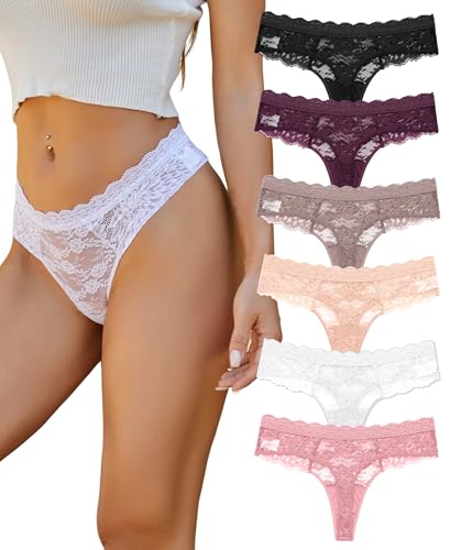 ALL OF SHE 6er Pack String Tanga Damen Spitze Sexy Unterhosen Frauen Underwear Lace Unterwäsche Thongs Women Mehrpack S-XL,S