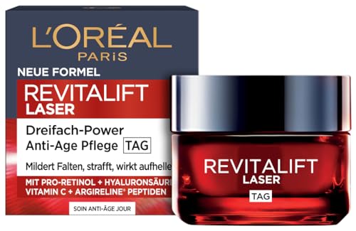 L'Oréal Paris Anti-Aging Tagescreme mit Dreichfachpower für Frauen: mildert Falten, mit Pro-Retinol, Hyaluronsäure & Vitamin C – Revitalift Laser, Straffende Feuchtigkeitspflege, 1x 50ml