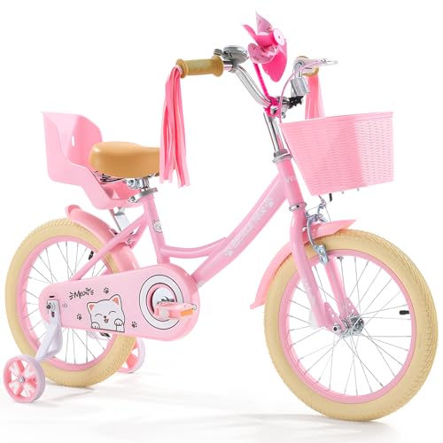 VEVOR Kinderfahrrad, 16 Zoll Prinzessinnen-Stil Fahrrad mit Luftschlangen & Korb, empfohlene Kindergröße 100-130 cm, Puppensitz & Stützräder inklusive, Kleinkinderfahrrad für Mädchen zum Lernen