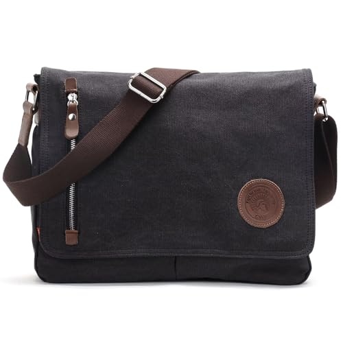 Sunborls Herren Damen Umhängetasche Canvas & Echtleder Messenger Bag Satchel Student Bag Aktentasche für 14 Zoll Laptop, grau