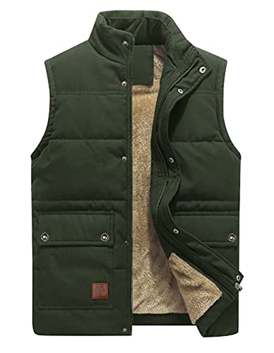 KEFITEVD Steppweste Herren Outdoor Weste Multi Taschen Funktionsweste Männer Wattiert Fleece Jacke Winter für Jagd Angeln Dunkeloliv 2XL