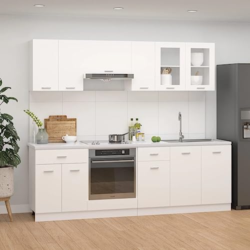 Refined Küchenzeile Küchenschrank Küchenblock Hängeschrank Herdumbauschrank Schubunterschrank 8-TLG. Küchenzeile Lyon Weiß Holzwerkstoff