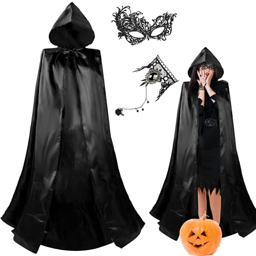 Winwild Halloween Umhang Damen mit Accessoires Maske & Finger Kette,140/150/170cm Schwarzer Umhang mit Kapuze Halloween Kostüm Vampir Umhang Schwarz Satin Cape Darth Umhang Vampir Kostüm Erwachsene