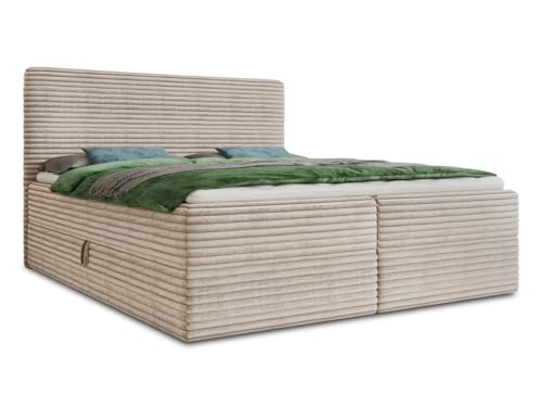 Boxspringbett Mollo mit 2 Bettkästen, Doppelbett mit Bonell-Matratze und Topper, Polsterbett in weichem Cordstoff, Bett, Bettgestell für Schlafzimmer (Beige (Tilia 03), 180 x 200 cm)