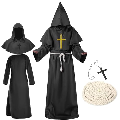waziwe Mönchs kostüm, Priester kostüm herren, Robe Mittelalter Mönch Kutte Halloween Karneval Fasching kostüm herren mit Kapuze und Seilgürtel (Schwarz, XXL)