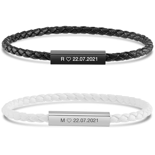BAVELA Partnerarmbänder mit Gravur | Personalisierte Armbänder Magnetisch | Partnerarmband für Paare | Pärchen Armband | für Herren und Damen | Leder Armband mit Gravur