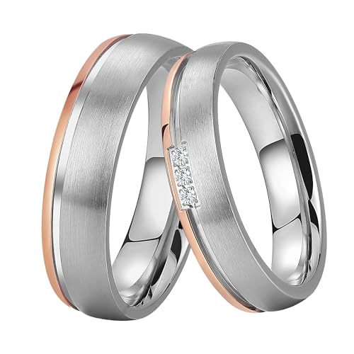 DOOSTI Paar Ringe für Damen Herren Partnerring Edelstahl Bicolor Silber Rosegold ohne/mit Zirkonia Ehering Trauring Freundschaftsring Hochzeit Ringe Frau Mann (Herrenring, 64 (20.4))