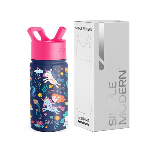 Simple Modern Trinkflasche Kinder mit Strohhalm | Sport Isolierte Edelstahl-Kindertrinkflasche für Kleinkinder Jungen und Mädchen | Summit | 415ml | Unicorn Rainbows