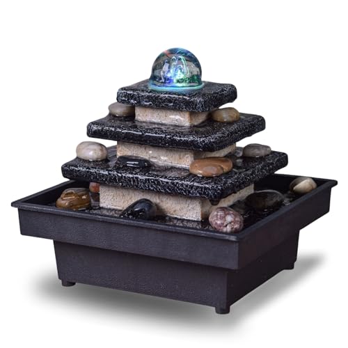 Innenbrunnen Kaskaden -Treppe Tempel Bunte Licht, entspannende Zen, Dekorationstischbrunnen, Geschenkidee, H 18x20x18 cm - Eka Zen'light, Beige + Schwarz