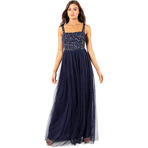 Maya Deluxe Damen Maya Deluxe Women's Evening Maxi for Wedding Wide Straps Sequin Embellishment Prom Bridesmaid Dress, Navy, 44 EU