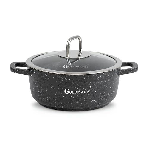 GOLDMANN Premium Gussaluminium Kochtopf 20 cm (2,3 L) – Keramik-Marmor Antihaft-Kasserolle mit Glasdeckel, geeignet für alle Herdarten inklusive Induktion, PFOA-frei & spülmaschinengeeignet