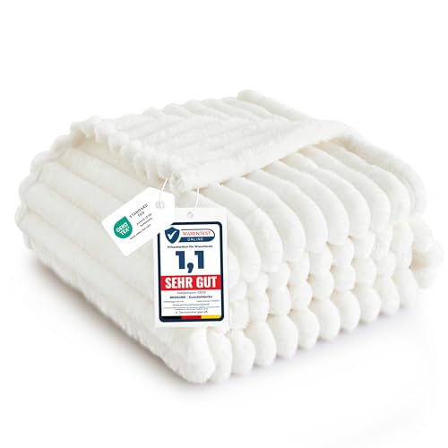 BEDSURE Kuscheldecke Flauschig - Wolldecke & Fleecedecke, Sofadecke, Weiche Warme Grobe Korddecke Gemütlicher Überwurf für Zimmer Deko, Wohn- & Kuscheldecken, Tagesdecke, Wollweiß, 130 x 170 cm