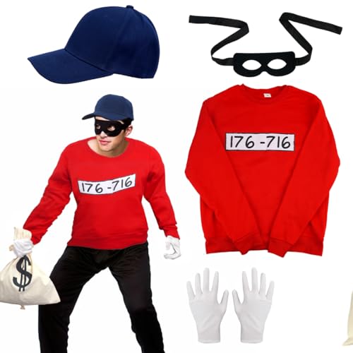 Panzerknacke Kostüm, Räuber Dieb Kostüm, Größe XL Banditen Langarm Shirt mit Maske Handschuhe Geldbeutel MÜTZE, Bande Fasching Kostüme Herren Damen, Herren Kostüme-Outfits Halloween Karneval Faschings