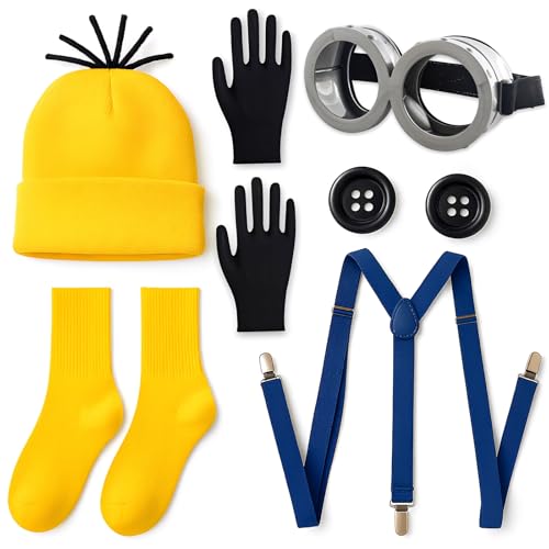 7 Stück Minion Kostüm Erwachsene Set Für Damen Herren (Mütze*1 Brille*1 Hosenträger*1 Handschuhe*1 Socken*1 Knöpfe*2) Minions Kostüm Erwachsene Kinder Für Karneval, Cosplay, Halloween Kostüme