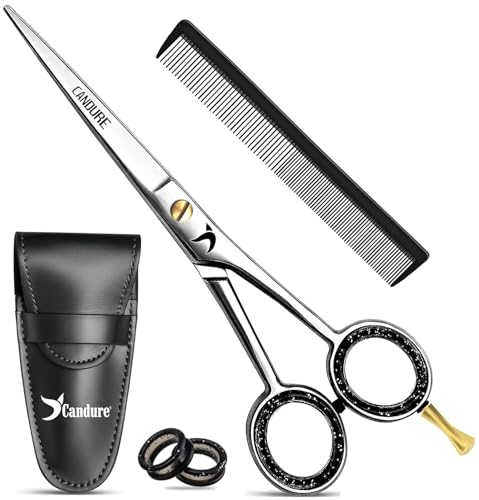 Candure Friseurschere 6,5 Zoll Professionelle Haarschneideschere mit Kamm & Lederetui für Friseure, Barbier, Männer, Frauen & Kinder - Edelstahl Haarschere für Salon & Zuhause