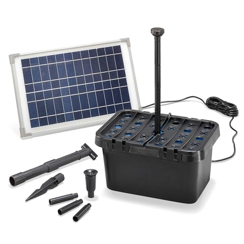 Esotec Solar Teichfilterset Starter 12/650, Teichfilter Komplettset, Pumpe 650l/h, 2 Sprinkler-Aufsätze, Solarmodul 12 Watt, Teichpumpe für außen, Springbrunnen Wasserspiel 100901