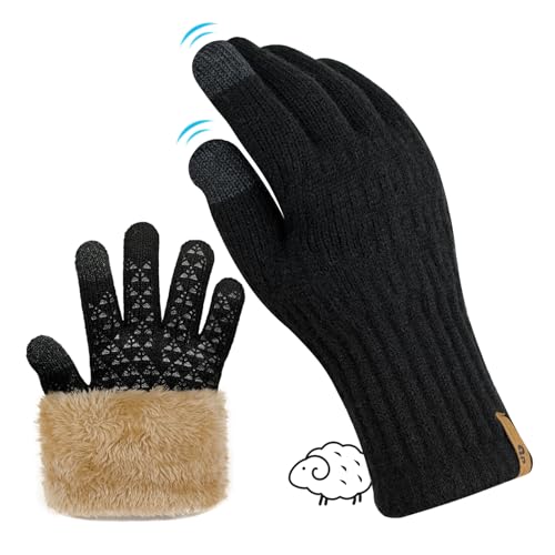 qpyysz Handschuhe Herren Damen Winter Warm Freezer Thermo Schwarze Handschuhe Merino Wolle Doppelschicht Fleece Touchscreen Outdoor Strickhandschuhe Rutschfeste Fleecefutter (black s-m)