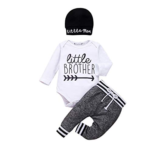 Geagodelia 3tlg Babykleidung Set Baby Jungen Langarm Body + Hose + Mütze Kleinkinder Neugeborene Weiche Warme Baumwolle Babyset Bekleidung (0-3 Monate, Little Brother (Weiß + Grau))