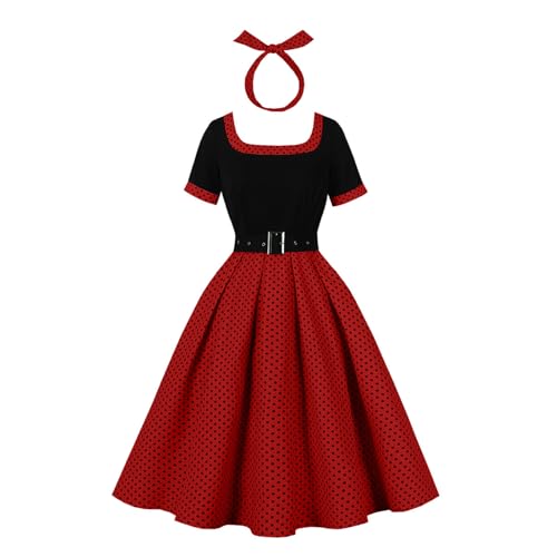 OMEWEE Damen 50er Jahre Kleider Polka Dots 1950er Vintage Retro Cocktailkleid Rockabilly Kleider Elegant Knielang Abendkleid A-Line Swing Faltenrock festliches Kleid Partykleid Rot M