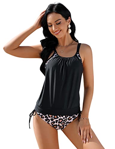 Clearlove Tankini für Damen Bauchweg Tankini Sexy mit Bikinislip Zweiteilig Tankini Top Push Up Bademode Badeanzug,LeopardM