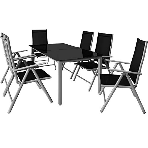 Casaria® Gartenmöbel Set 6 Stühle mit Tisch 150x90cm Aluminium Sicherheitsglas Wetterfest Klappbar Modern Terrasse Balkon Möbel Sitzgruppe Garnitur Bern