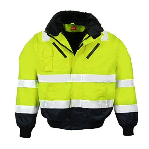 LeiKaTex Warnschutz-Pilotenjacke Winter gefüttert 4 in 1 Funktion mit Kapuze, Winddicht & Wasserabweisend für Herren und Damen (L, Neongelb/Marine)