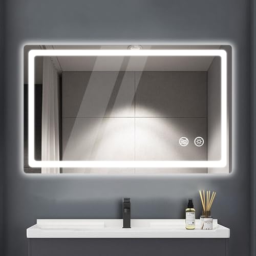 KLGFI LED Badspiegel mit Beleuchtung, Spiegel mit Licht fürs Bad mit Stecker, Touch-Schalter und Beschlagfrei-Funktion, Wandspiegel für das Badezimmer (40 x 60 cm)