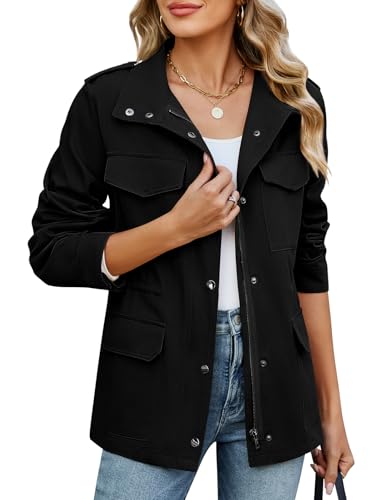CMTOP Übergangsjacke Damen Kurz Leichte Jacke, Baumwolle Casual Blouson Zip Up Solid Übergangsmantel Oberbekleidung mit Multi-Tasche für Frühling Sommer Herbst(Schwarz,XXL)