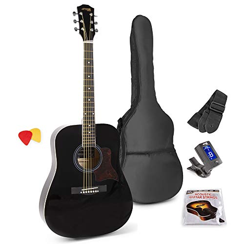 MAX SoloJam Westerngitarre, Akustik Gitarre Set, Acoustic Guitar, Akustikgitarre 4/4 mit Tasche, Plektrum, Stimmgerät, Schultergurt und Stahlsaiten, Anfängergitarre in Schwarz