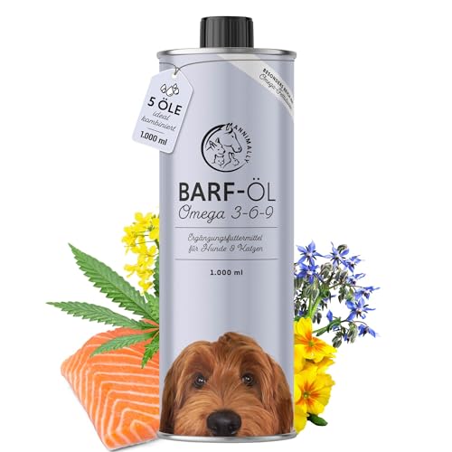 Barf Öl für Hunde 1000ml Barföl mit Omega 3-6-9 aus: Lachsöl, Rapsöl, Hanföl & Borretschöl - Futteröl für Hund als Futter Topping (Barf Zusatz)