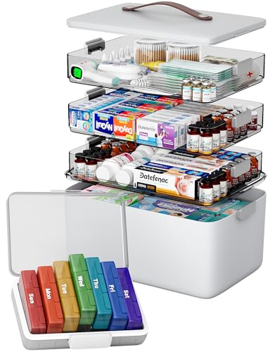 CTIME 4-lagige XXL-Medikamentenbox (Set) – Tragbarer Organizer mit Ledergriff, leerer Aufbewahrungskoffer für Haushalt, Hobby, Nähzubehör & Bastelbedarf