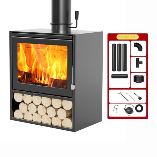 Gusseisen Holzofen 15kW, Kamin Holzofen, Robuster Neuer Holzofen Wohnzimmer Holzofen Deko, Mit Keramikglasfenster, Heizofen, Kamin zum Wärmen von Räumen (Größe: 85 x 60 x 49 cm)