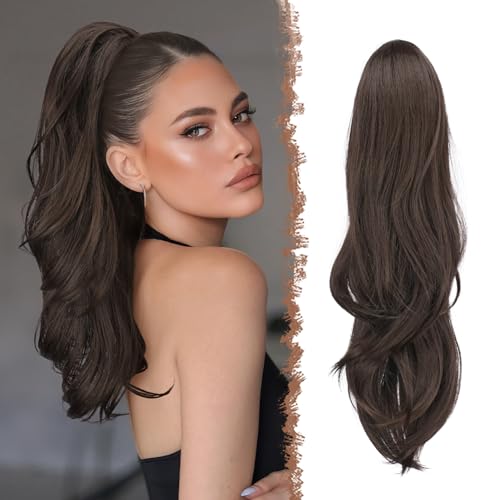 FESHFEN Zopf Pferdeschwanz mit Kordelzug, Natürlich Wellig Layered Haarteil Synthetik Dunkelbraun Haarverlängerung Clip in Ponytail Haarextension Haarzopf für Damen, 50cm