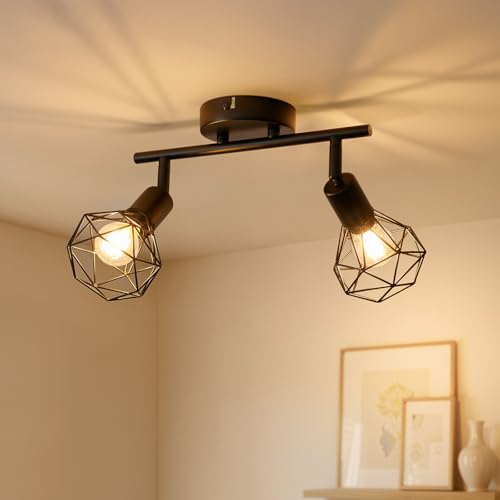 Gr4tec Deckenstrahler 2 Flammig, Vintage Deckenlampe Strahler E14, Retro Deckenleuchte Spots Schwarz, Metall Deckenspots Wandstrahler für Küche Flur Büro Schlafzimmer, Ohne Leuchtmittel